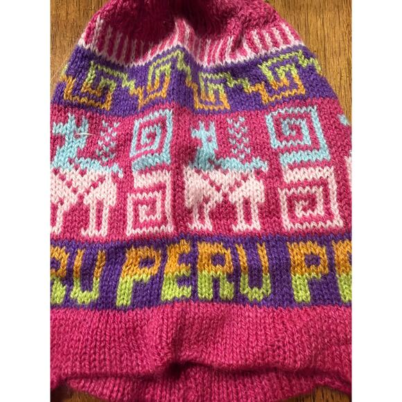 Peruvian Alpaca Wool Chullo Laplander Hand Knit Fringe Winter Hat Llama Pink - Picture 3 of 3